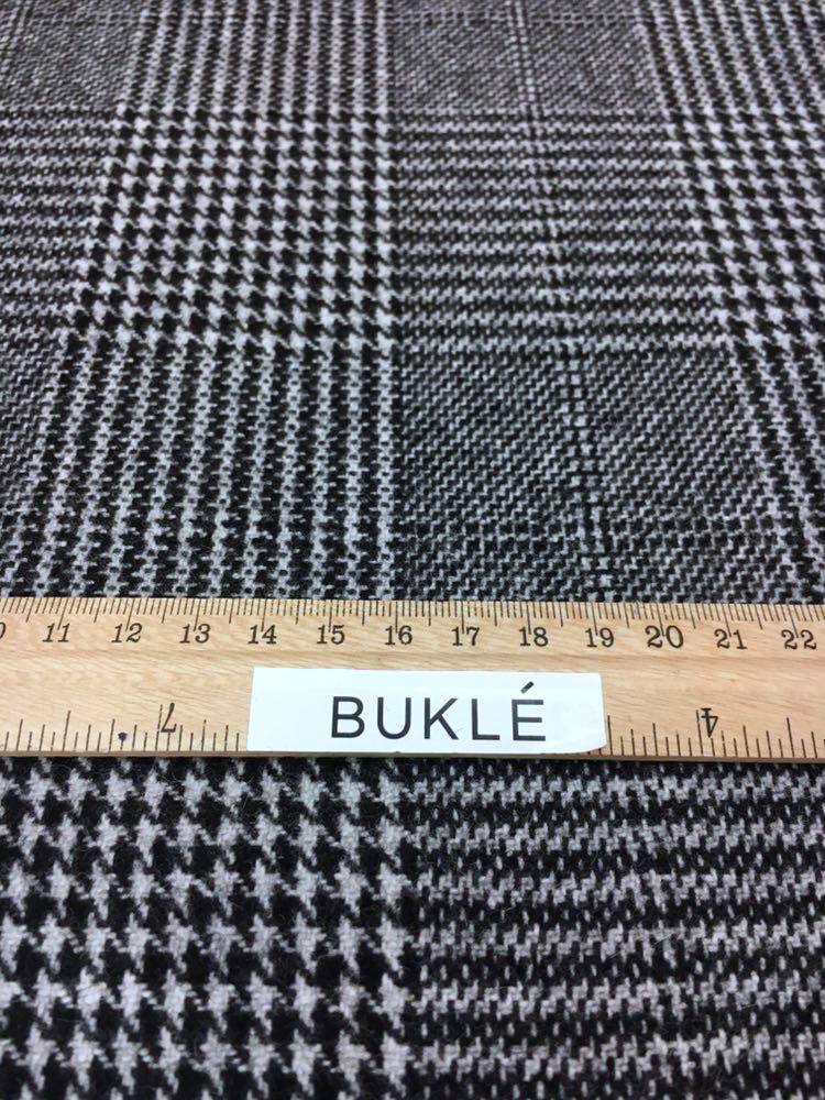 Plaid check WOOL coat fabric grey houndstooth tweed prince of wales pattern - buklefabrics