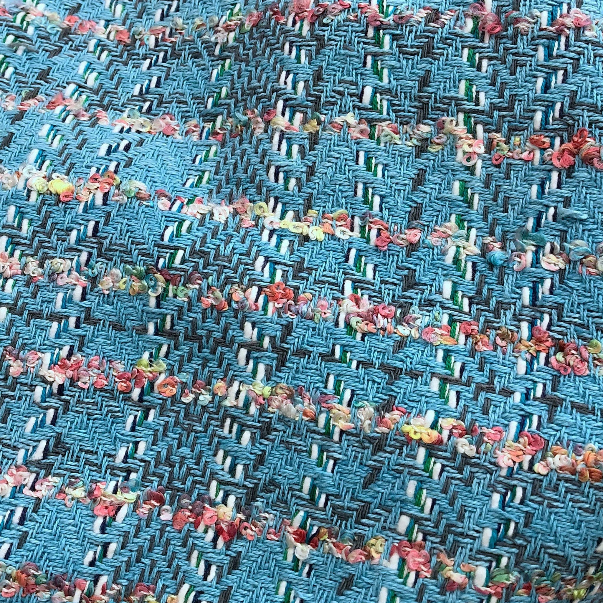 BOUCLE tweed fabric blue plaid check textured cotton viscose material - buklefabrics