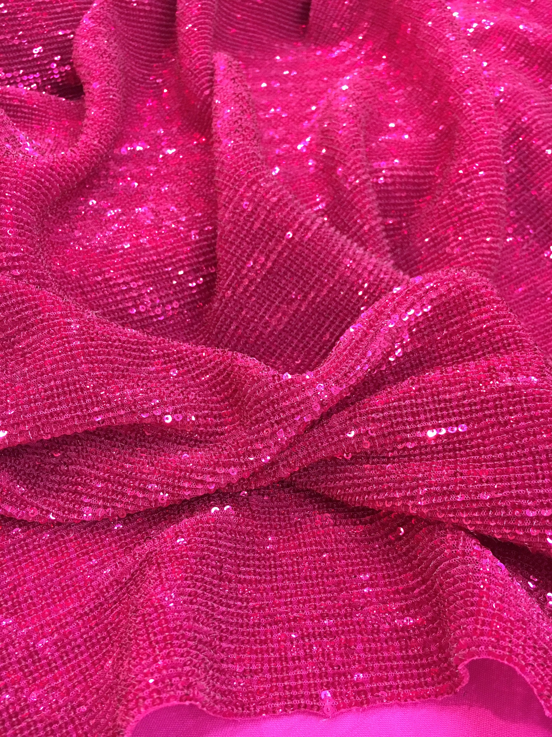 Sequins on Pleated Tulle Fabric in Fuchsia Raspberry - Novelty Prom Material - buklefabrics