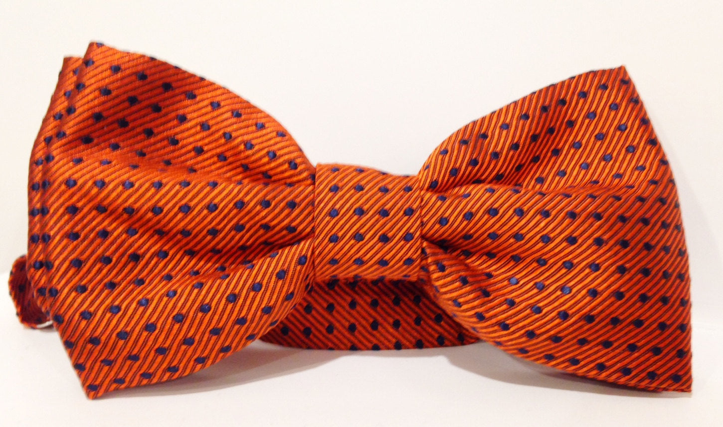 100% Italian SILK Bow Tie Orange with Blue Dots for Men Boy Women - buklefabrics