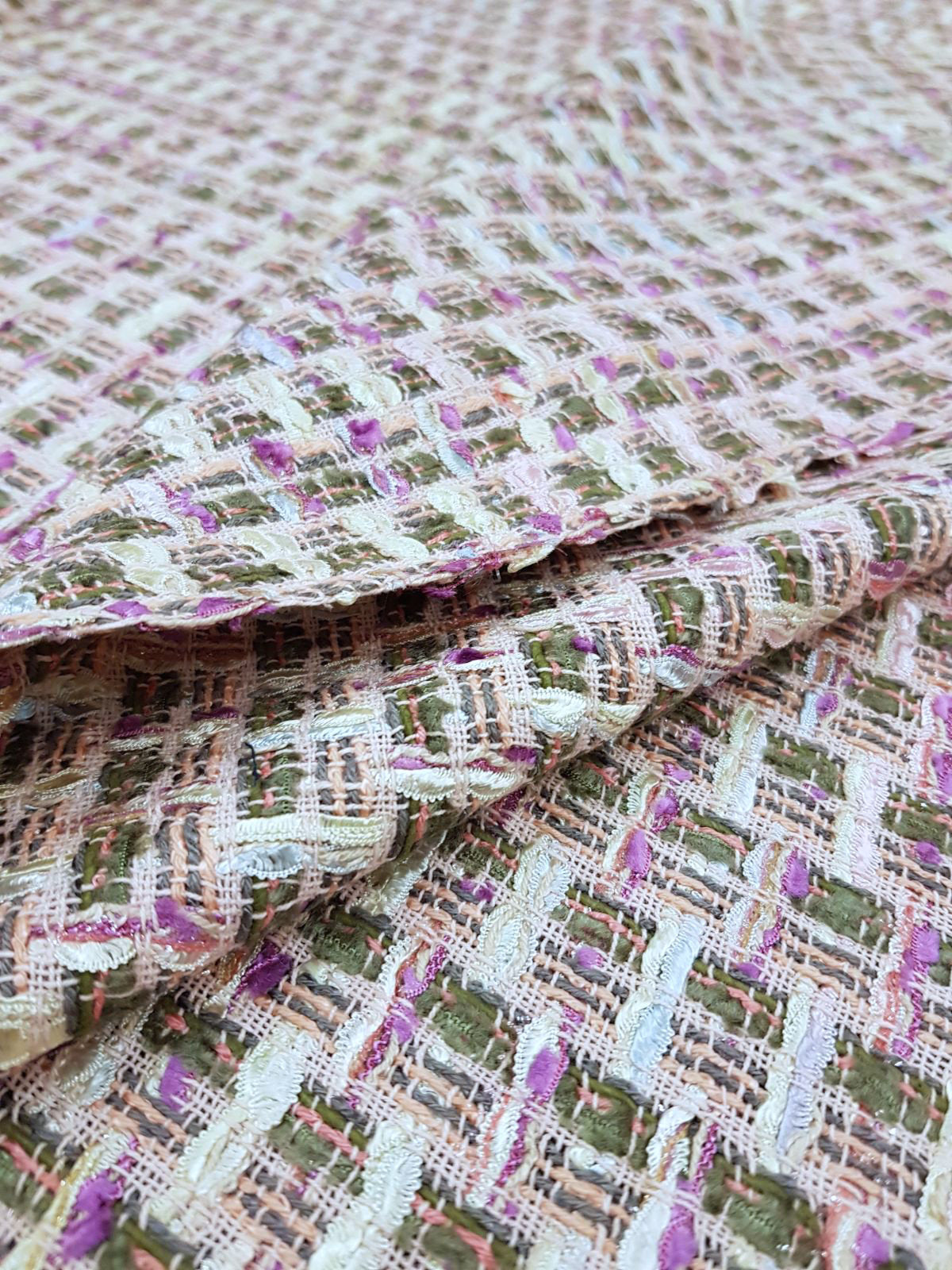 BOUCLE Tweed fabric pink white check cotton dress material - buklefabrics