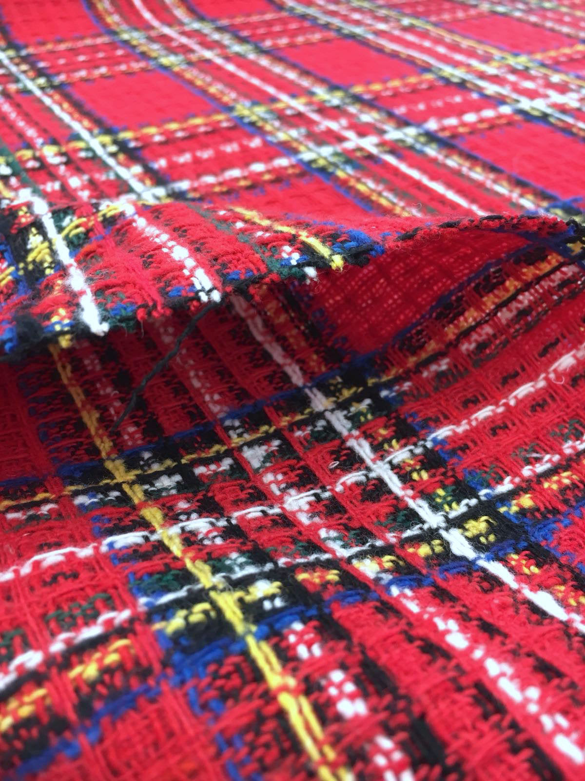 Tartan Plaid Check WOOL Fabric Red White Multicolor Textured 1.4 Yard - buklefabrics