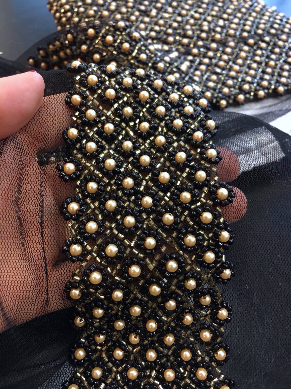 Black beaded 3d lace trim golden pearls and black Iridescent beads - buklefabrics