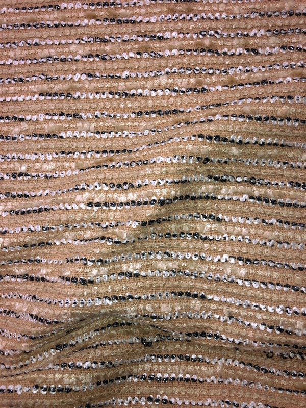 Beige Boucle Tweed Fabric with Black and White Stripe Accents - buklefabrics