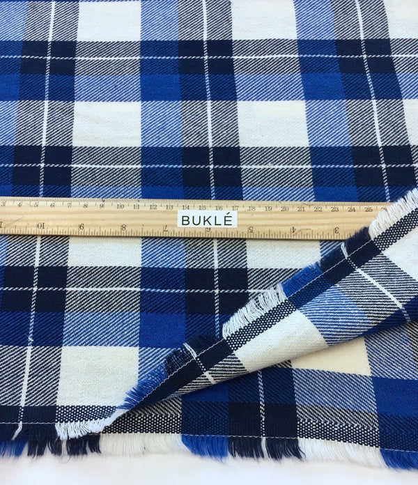 Plaid Check Fabric COTTON Material in Blue White Tartan Check Pattern Italian Quality Cloth for Sewing - buklefabrics