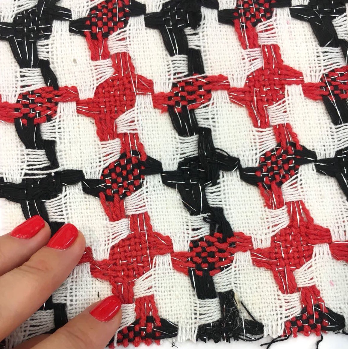 BOUCLE tweed fabric houndstooth check red white black jacket length 1.6 Yard - buklefabrics