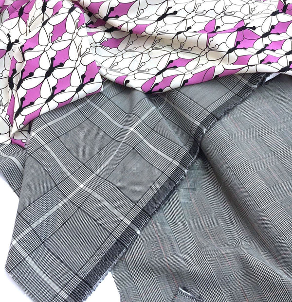 Plaid check WOOL STRETCH fabric grey houndstooth prince of Wales - buklefabrics