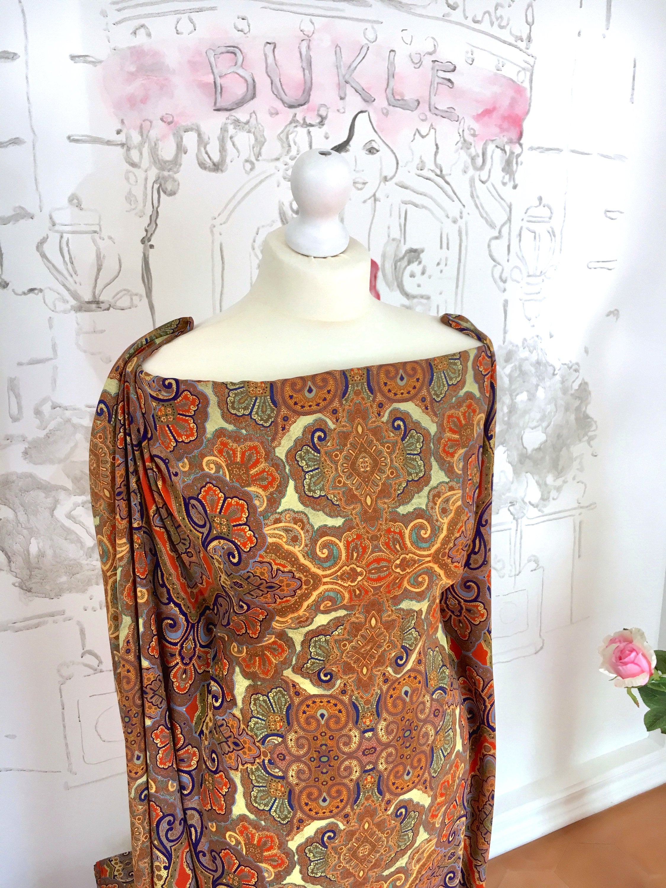 Silk Fabric STRETCH Paisley Dress Fabric Italian Fashion Material Quality SILK Printed Multicolour Spandex - buklefabrics