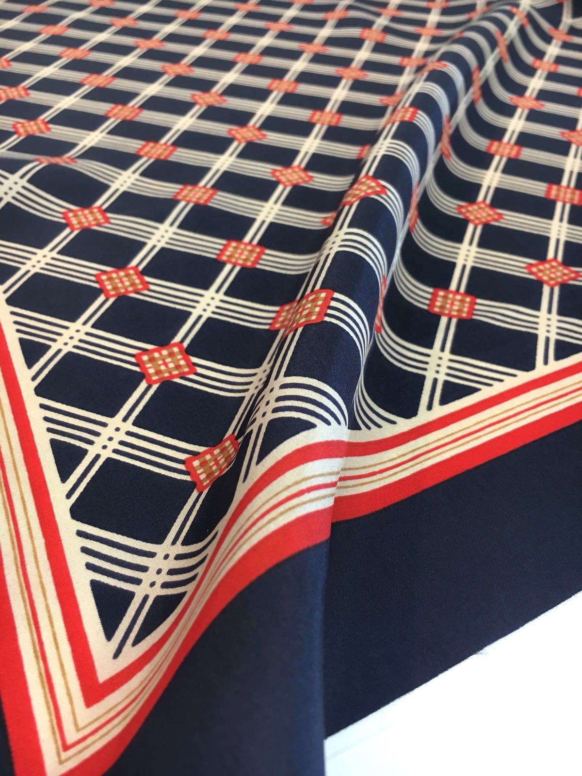 SILK Fabric navy blue red gold printed geometric diamond pattern for dress - buklefabrics