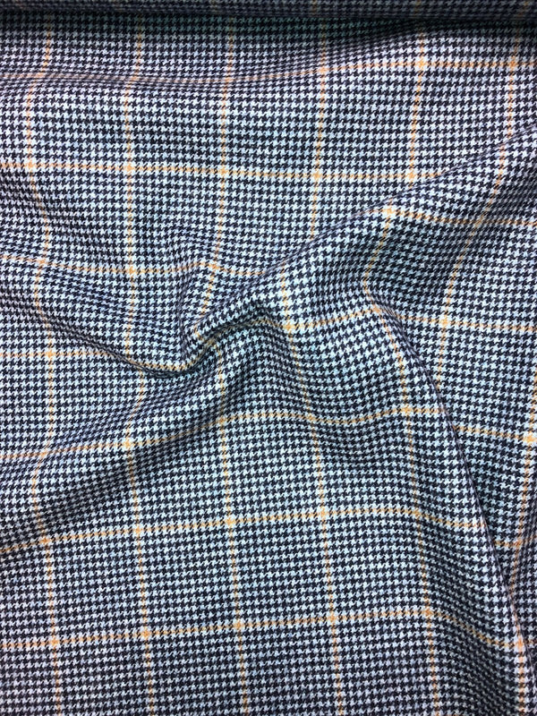 Mongolian Cashmere Wool Fabric Blue Houndstooth Yellow Windowpane Check - buklefabrics