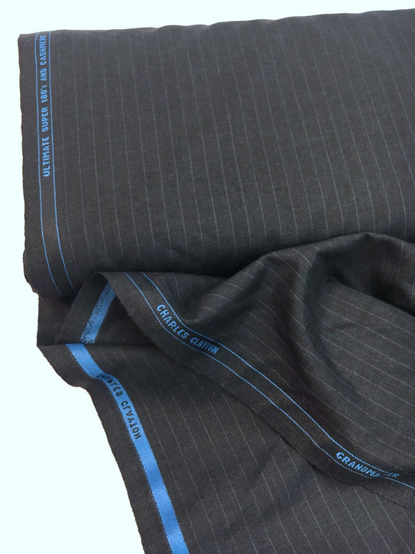 CASHMERE Merino wool fabric grey pinstripe Super 180s suit material - buklefabrics