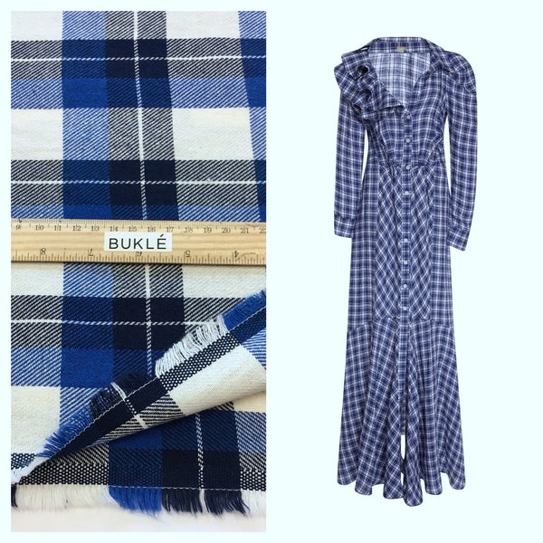 Plaid Check Fabric COTTON Material in Blue White Tartan Check Pattern Italian Quality Cloth for Sewing - buklefabrics