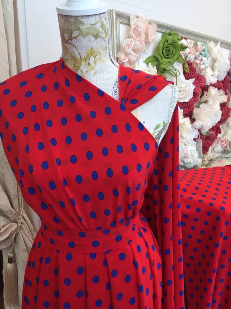 Red Silk fabric blue polka dot printed 100% silk for dress - buklefabrics