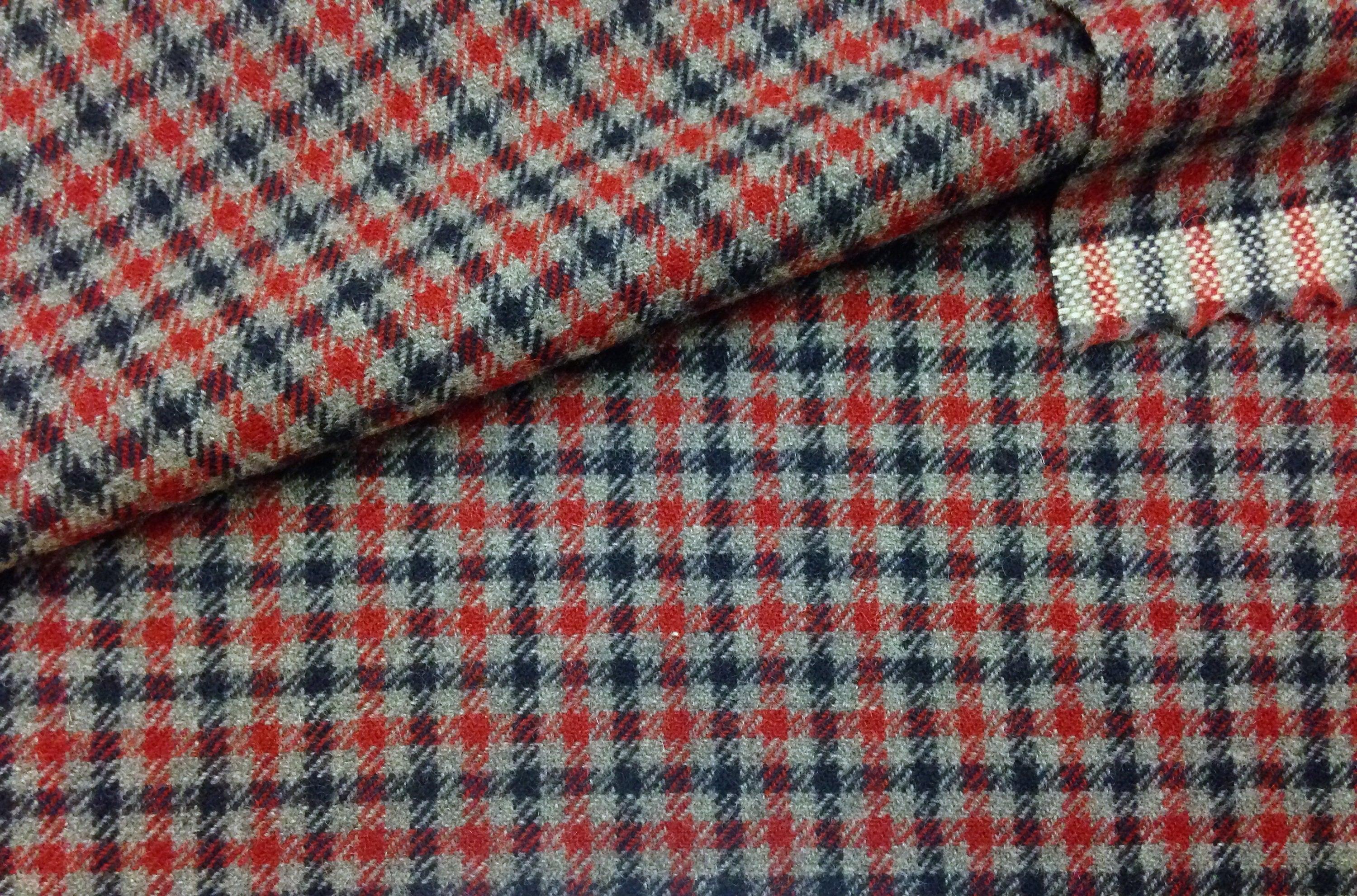 100% WOOL Fabric Gingham Check Red Navy Grey Soft Tweed - buklefabrics