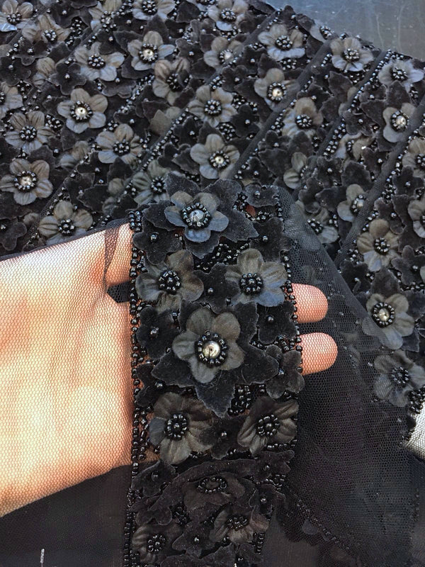 Black Beaded 3d lace mesh trim with flowers and rhinestones - buklefabrics