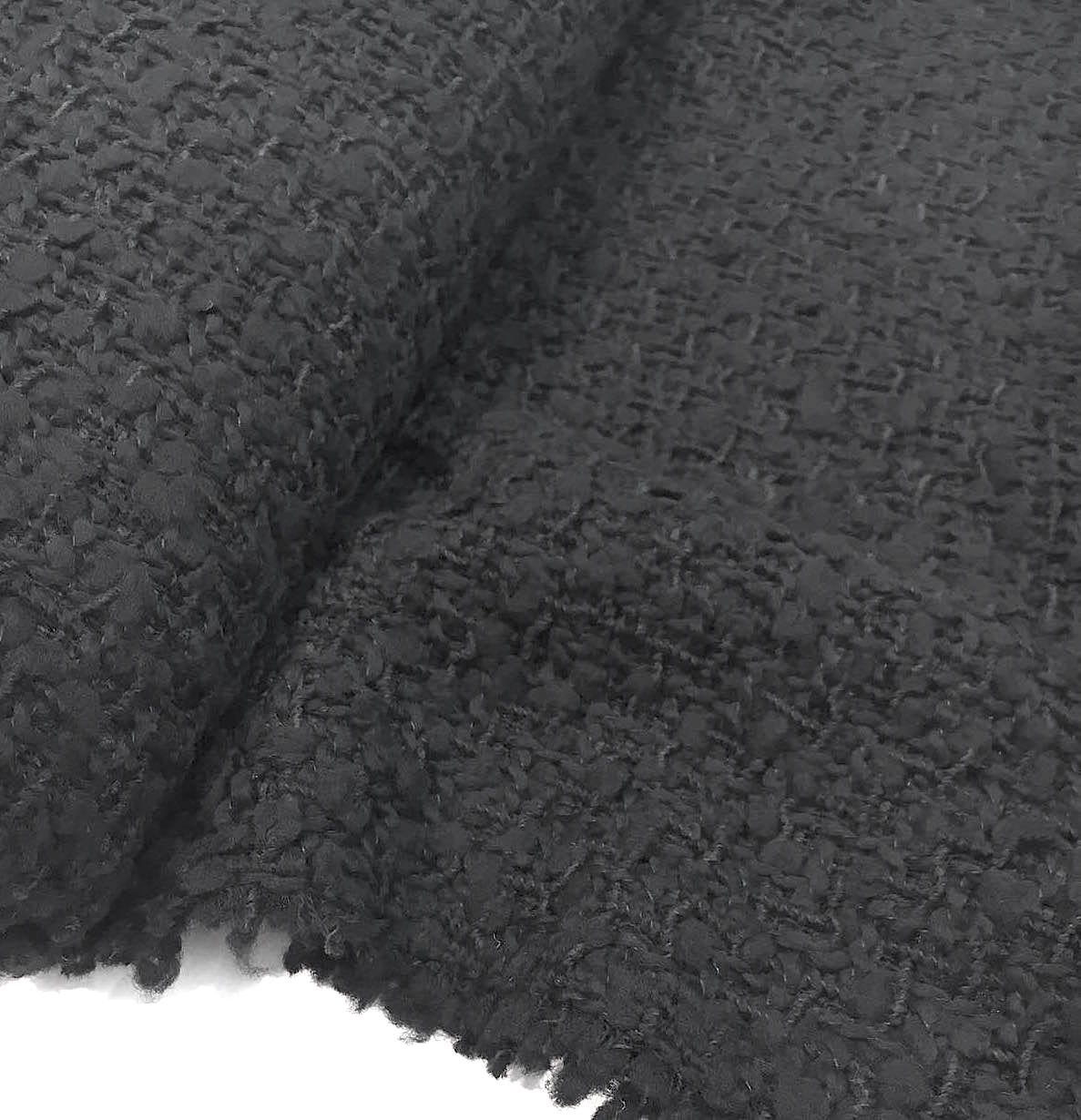 Black BOUCLE Tweed fabric 100% Wool jacket coat material - buklefabrics