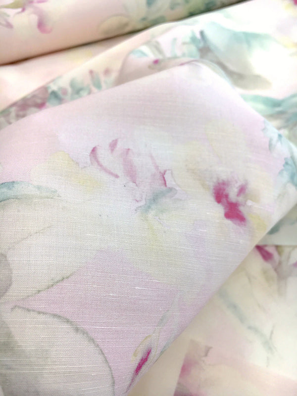 SILK LINEN Fabric Floral Print Beige with Pink Flowers - buklefabrics