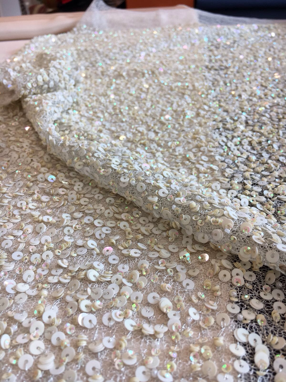 3D Beaded Lace Fabric Sequin Embroidered Iridescent White 25