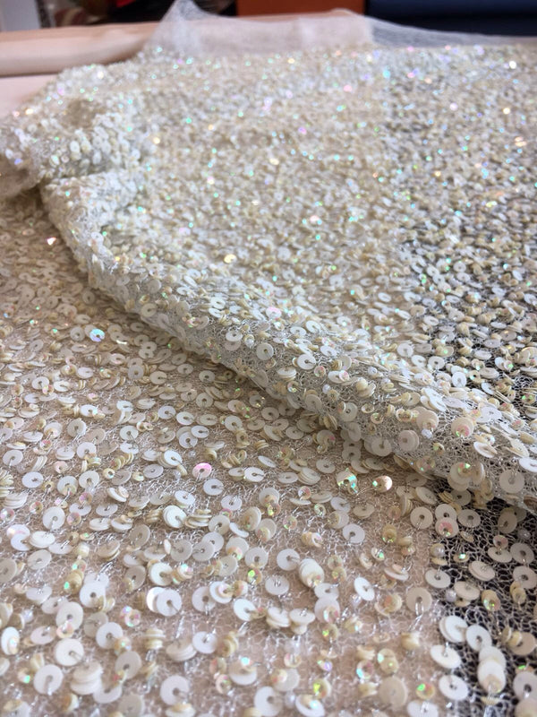 3D Beaded Lace Fabric Sequin Embroidered Iridescent White 25" piece - buklefabrics