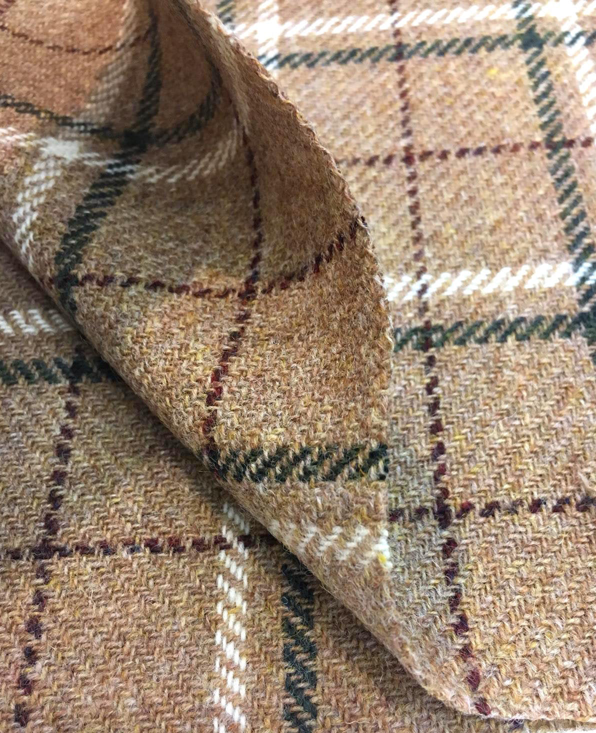 100% WOOL Tweed Fabric Brown Tartan Plaid Check - buklefabrics