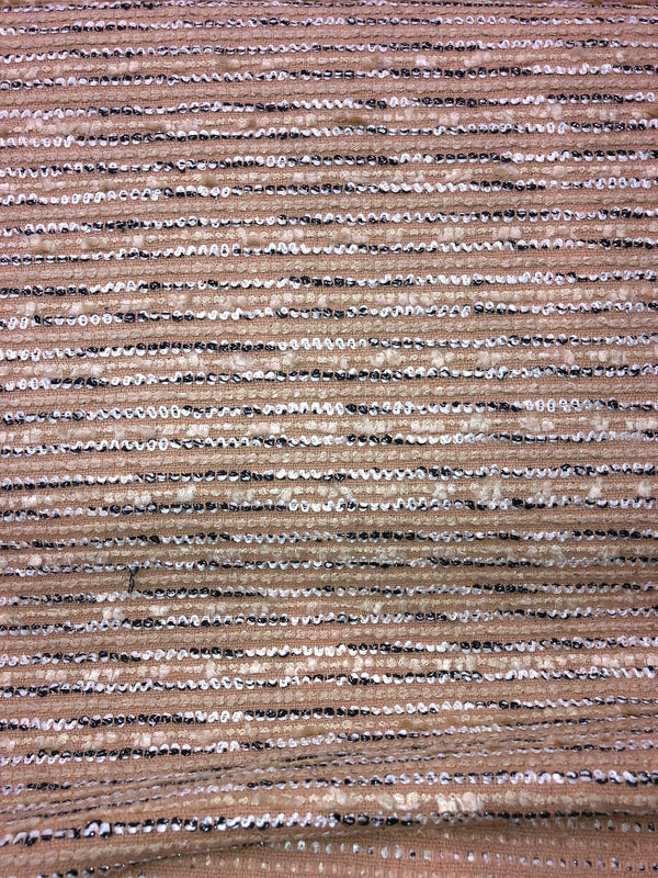 Beige Boucle Tweed Fabric with Black and White Stripe Accents - buklefabrics